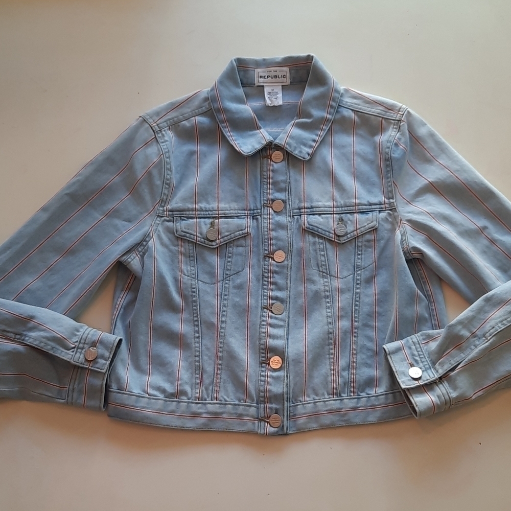 For The Republic Pinstripe Denim Trucker Jacket Medium